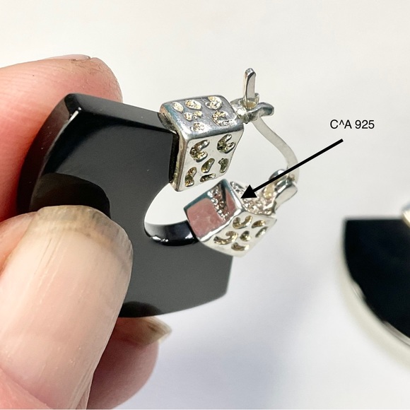 David Sigal Sterling Silver Onyx Hoop Earrings Designer Basket Drop - Picture 5 of 6